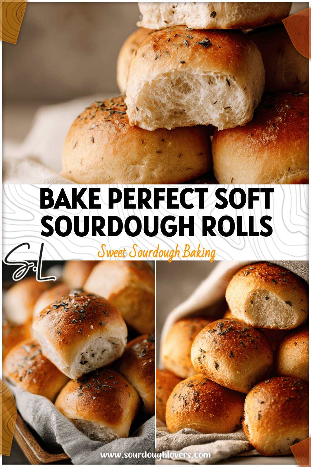 Golden sourdough herb dinner rolls stacked on a linen towel, showing soft airy texture and crisp crust.